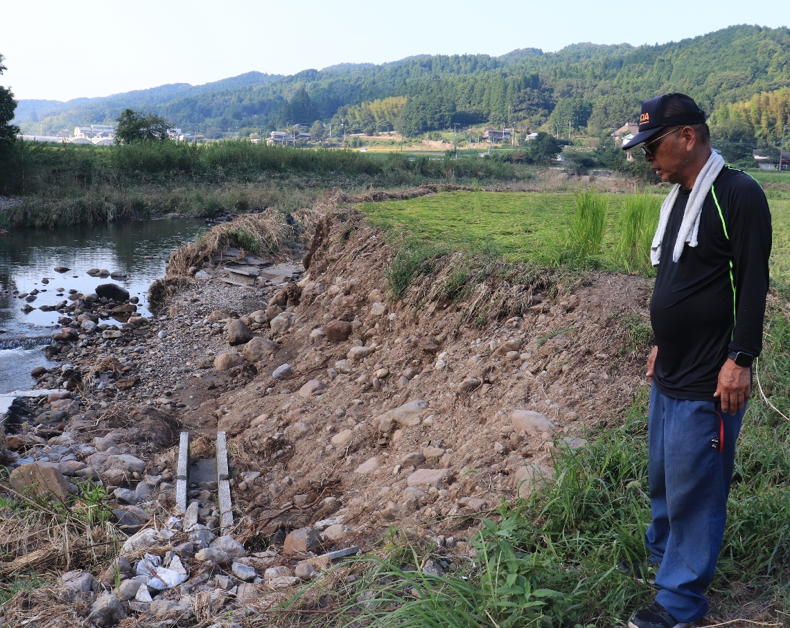 台風１０号による増水で壊れた農業用水路を見つめる長野武広さん。「コメ作りには、まだまだ水が必要な時期なのに」と嘆いた＝３日、国東市安岐町朝来