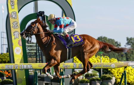 第８５回菊花賞を制したクリストフ・ルメール騎乗のアーバンシック＝京都競馬場