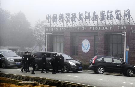 ２０２１年２月、中国科学院武漢ウイルス研究所に入るＷＨＯの国際調査団の車列＝中国・武漢（共同）