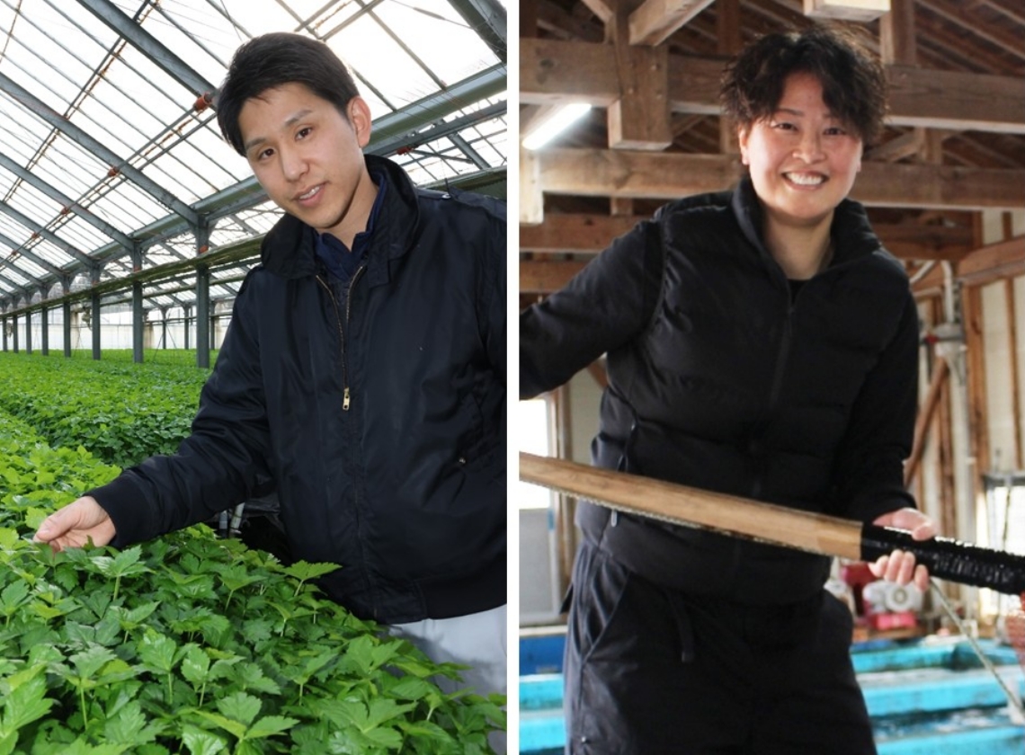 【写真左】「不可能とされていた有機水耕栽培の技術を確立し、全国に普及させたい」と夢を描く栗田貴宏さん＝豊後大野市大野町田中　【写真右】「日本のフグ料理を世界に広めたい」と意気込む木梨桃子さん＝臼杵市板知屋