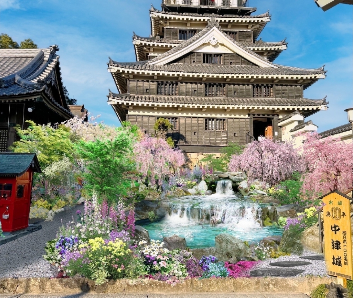 「花城」としてリニューアルする中津城天守閣の前庭の完成予想図（千雅商事提供）