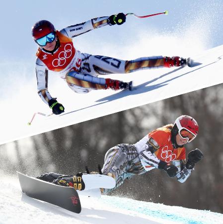 ２０１８年の平昌冬季五輪で、アルペンスキーのスーパー大回転（上、ゲッティ＝共同）と、スノーボードのパラレル大回転（下、共同）の２冠を達成したチェコのエステル・レデツカ＝平昌