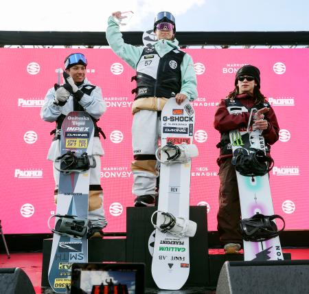 スノーボードＨＰの「ザ・スノーリーグ」第１戦、男子で優勝した戸塚優斗（中央）。左は２位の平野流佳、右は３位の平野歩夢＝アスペン（ゲッティ＝共同）