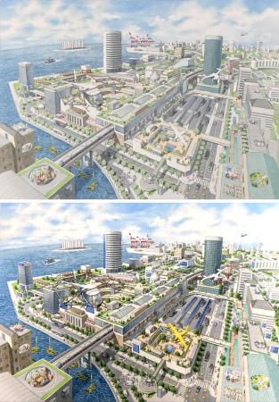 大阪・関西万博の公式ガイドブックに誤掲載された制作途中のイラスト（上）と、掲載予定だった完成版のイラスト（青山邦彦氏提供）