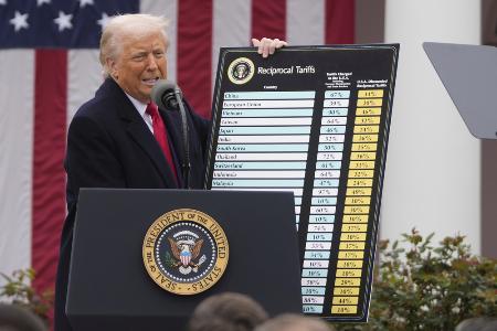 ２日、ホワイトハウスで「相互関税」の導入を発表するトランプ米大統領（ＡＰ＝共同）