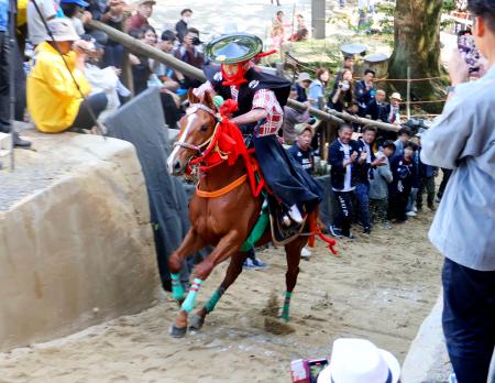 多度大社の「上げ馬神事」で、地元の若者を乗せ坂を駆け上がる馬＝４日午後、三重県桑名市