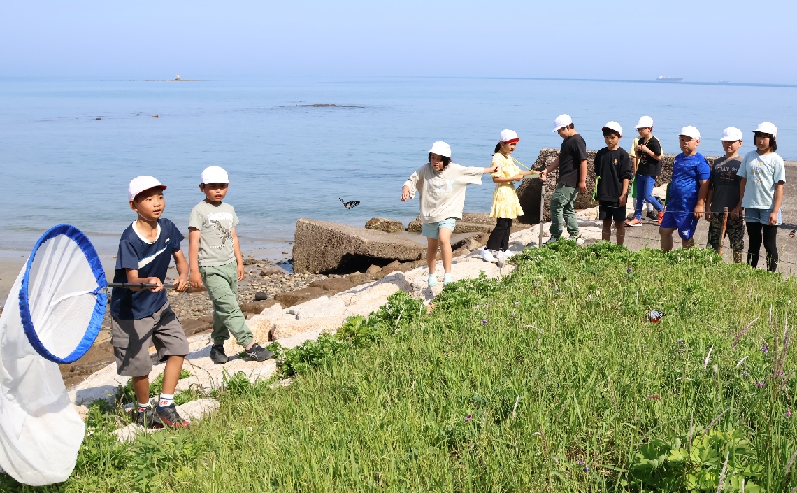 網を手にアサギマダラを追いかける児童＝姫島村