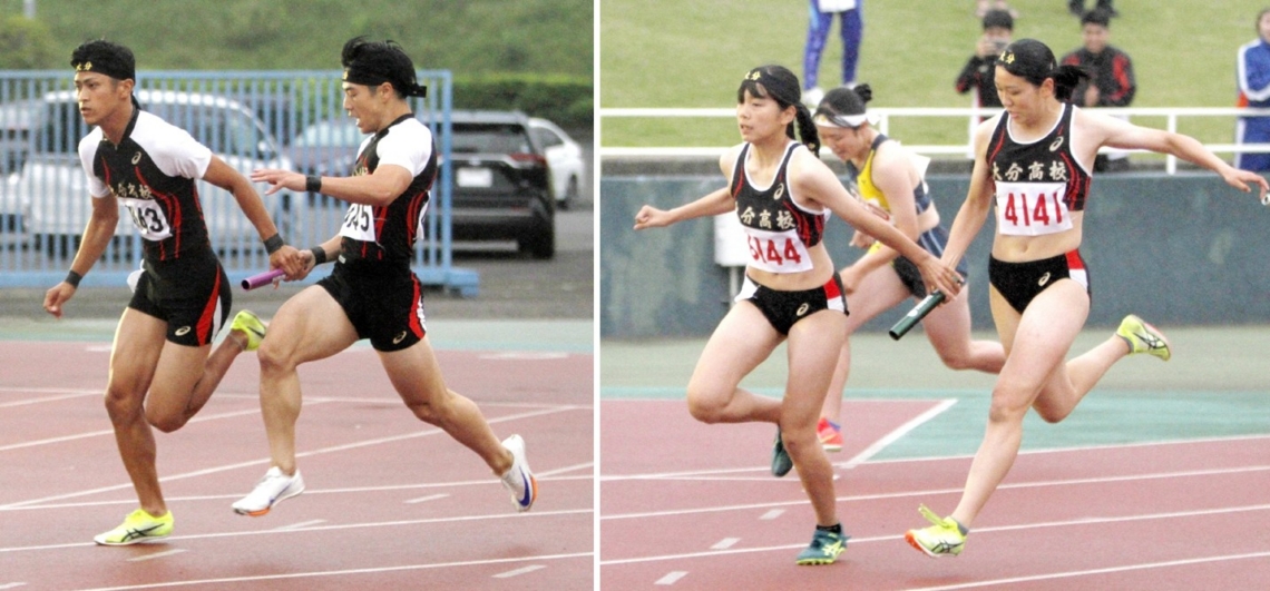 【写真左】男子４００㍍リレー決勝、大分３走の冨田（右）からアンカー梶原にバトンパス　【写真右】女子４００㍍リレー決勝、優勝した大分。３走の若杉（右）からアンカー後藤へバトンパス＝ジェイリーススタジアム