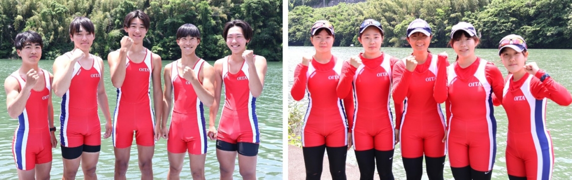 【ローイングかじ付きクォドルプル】男子で優勝した日田Ａ艇の５人（左）、女子で優勝した日田の５人＝夜明ボートコース