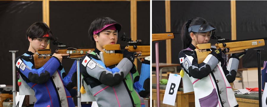 【写真左】ライフル射撃男子個人ビームライフル決勝、秦（右）とのライバル対決を制して２冠を達成した由布の片桐　【写真右】ライフル射撃女子個人ビームライフル決勝、集中力を高める由布の秋吉＝県庄内屋内競技場