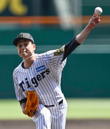 ６回途中無失点で３勝目を挙げ、プロ野球２１人目の全球団勝利を達成した阪神・大竹＝甲子園
