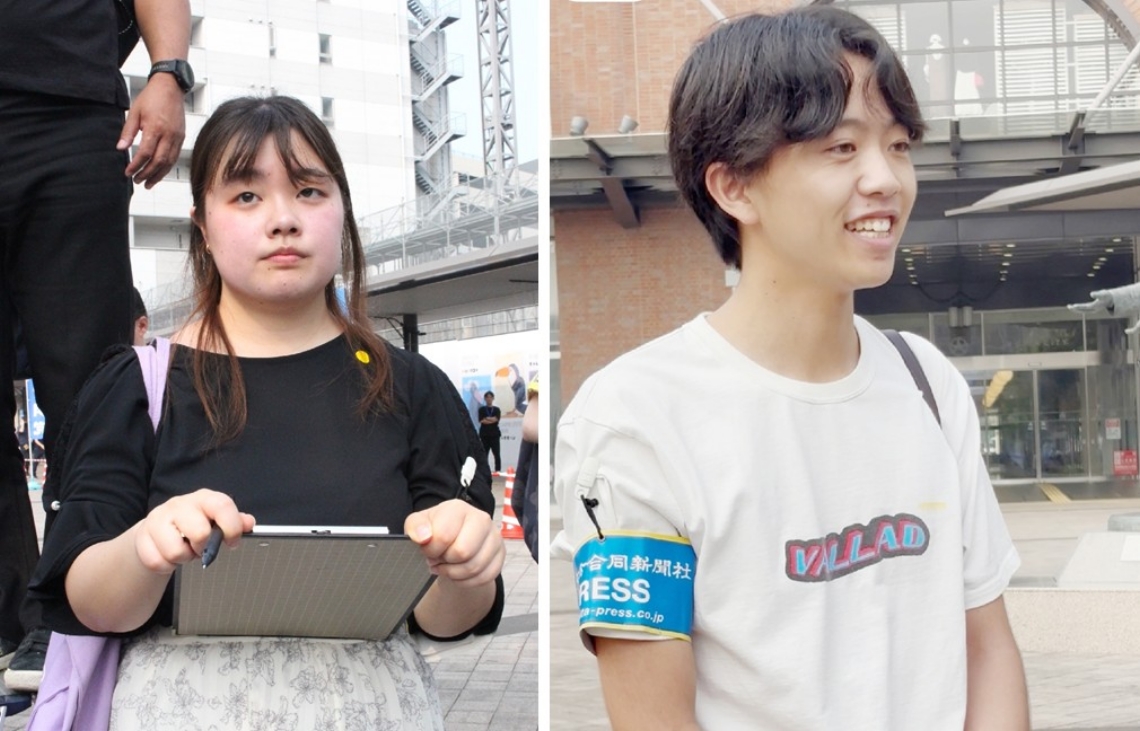 【写真左】候補者の第一声に耳を傾ける中村茉優美さん　【写真右】出陣式を初めて体験した出師毅人さん＝３日、大分市要町