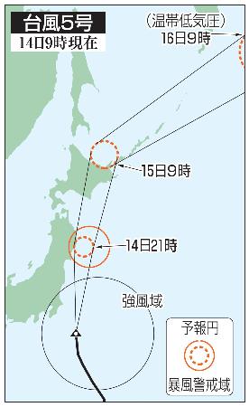 台風５号の予想進路（１４日９時現在）