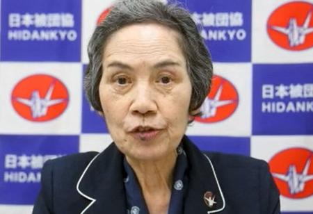 ビデオメッセージで核兵器反対を訴える被団協の和田征子事務局次長＝１６日（ノーベル賞受賞者らによる会合の中継から・共同）