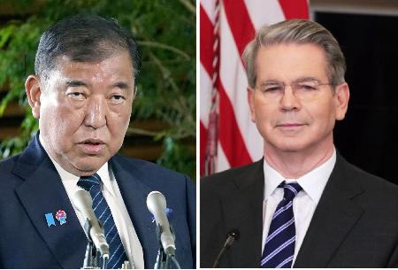 石破首相とベセント米財務長官（ゲッティ＝共同）