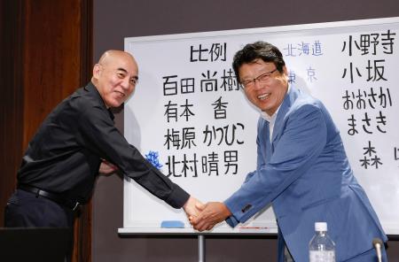 比例代表で当選を決めた北村晴男氏（右）と握手する日本保守党の百田代表＝２０日午後９時１２分、東京都中央区