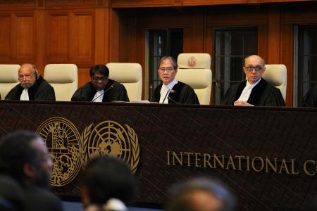 ２３日、オランダ・ハーグの国際司法裁判所で発言する岩沢雄司所長（右から２人目）ら（ＡＰ＝共同）