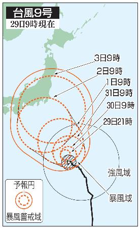 台風９号の５日先予想進路（２９日９時現在）