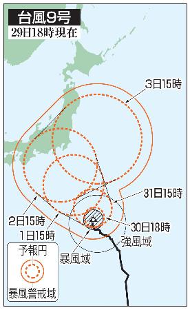 台風９号の５日先予想進路（２９日１８時現在）