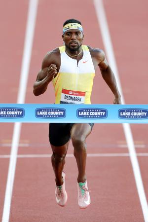 男子１００メートル決勝で力走するケネス・ベドナレク＝ユージン（ゲッティ＝共同）
