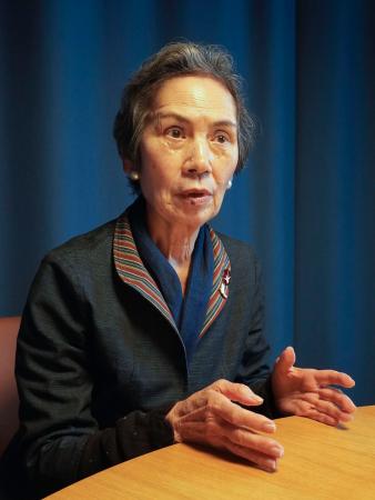 ５日、ノルウェー・オスロで共同通信の単独取材に応じる被団協の和田征子事務局次長（共同）