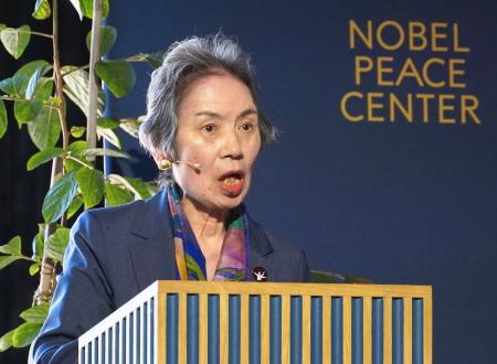 ノーベル平和センターで開かれた平和会議で、核廃絶を訴える被団協の和田征子事務局次長＝６日、オスロ（共同）