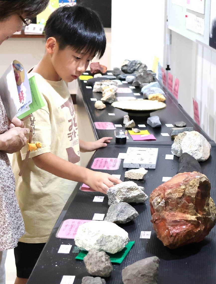 石を触って硬さや手触りを確認することもできる＝日田市上城内町の市立博物館