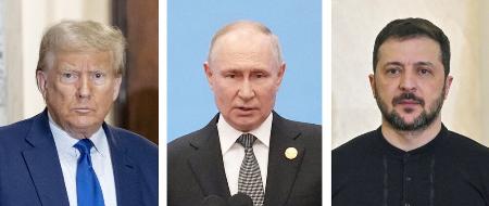 トランプ米大統領（ゲッティ＝共同）、ロシアのプーチン大統領、ウクライナのゼレンスキー大統領（ゲッティ＝共同）
