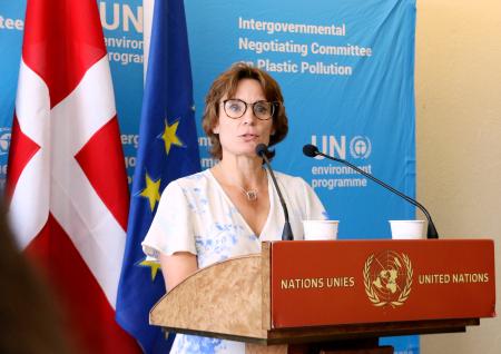 閣僚級会合を前に記者会見する欧州連合（ＥＵ）の環境担当者＝１２日、スイス・ジュネーブ（共同）