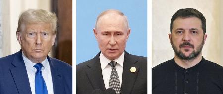 トランプ米大統領（ゲッティ＝共同）、ロシアのプーチン大統領、ウクライナのゼレンスキー大統領（ゲッティ＝共同）