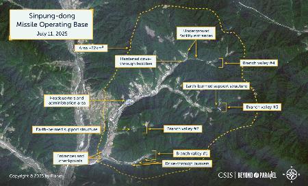 米戦略国際問題研究所が公開した、７月１１日撮影の北朝鮮の秘密基地とされる衛星画像（ＣＳＩＳ／Ｂｅｙｏｎｄ　Ｐａｒａｌｌｅｌ／Ｍａｘａｒ　２０２５提供・共同）