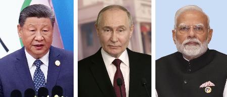 中国の習近平国家主席、ロシアのプーチン大統領（ゲッティ＝共同）、インドのモディ首相
