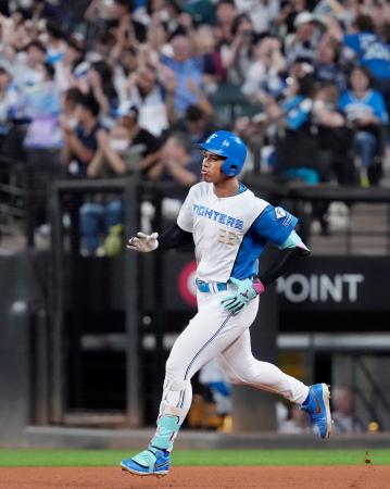 ７回、勝ち越しソロを放った日本ハム・万波＝エスコンフィールド