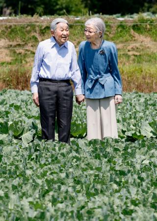 大日向開拓地のキャベツ畑を散策される上皇ご夫妻＝２３日午前、長野県軽井沢町