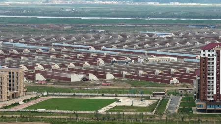 北朝鮮北西部新義州周辺で建造が進められる同国最大規模の温室農場＝２４日、中国遼寧省丹東から撮影（共同）