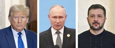 トランプ米大統領（ゲッティ＝共同）、ロシアのプーチン大統領、ウクライナのゼレンスキー大統領（ゲッティ＝共同）