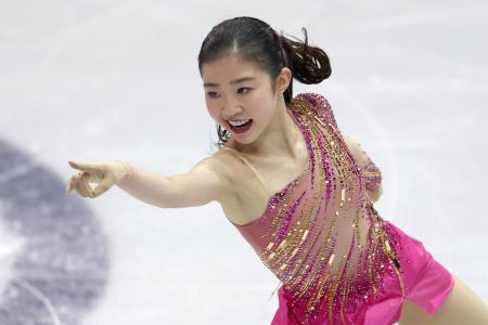 ３月、世界選手権の女子ＳＰで演技する千葉百音＝ボストン（共同）