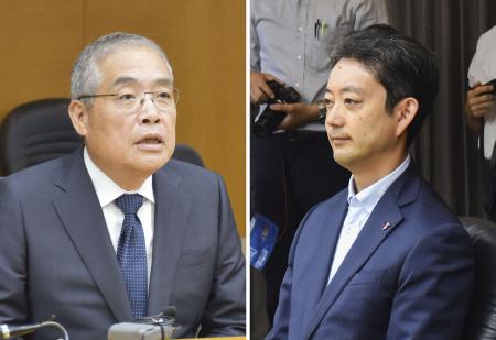 千葉県庁を訪れ、熊谷俊人知事（右）に洋上風力発電所建設計画からの撤退を陳謝した三菱商事の中西勝也社長＝２８日午前
