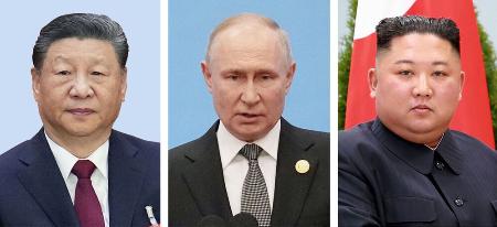 中国の習近平国家主席、ロシアのプーチン大統領、北朝鮮の金正恩朝鮮労働党総書記（朝鮮通信＝共同）