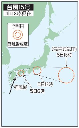台風１５号の予想進路（４日１８時現在）