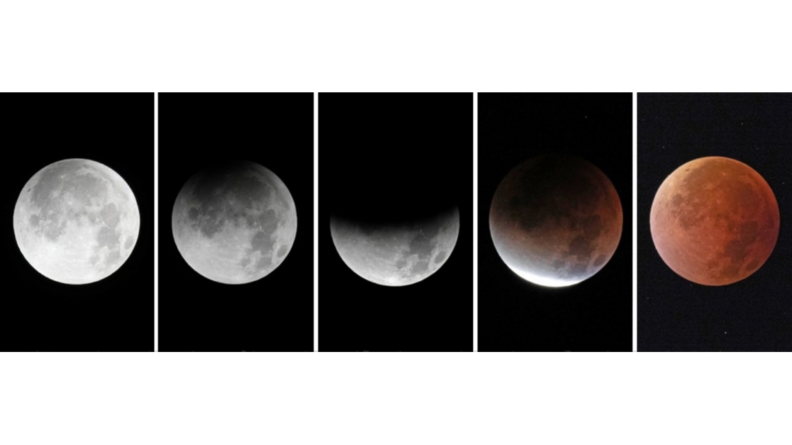 【写真左から】欠け始める前の満月（８日午前１時７分ごろ）。欠け始めた月（午前１時２７分ごろ）。半分ほど欠けた月（午前１時５４分ごろ）。ほとんど欠けてしまい、赤銅色が浮かび上がる（午前２時２４分ごろ）。皆既月食により赤銅色に染まった月（午前３時２５分ごろ）＝大分市佐賀関