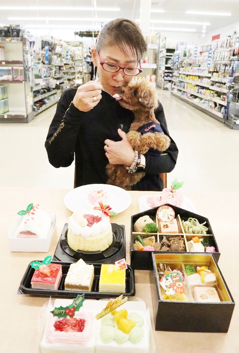 イオン九州が販売するペットと一緒に食べられるクリスマスケーキとおせち＝大分市賀来南のホームワイドプラス賀来店
