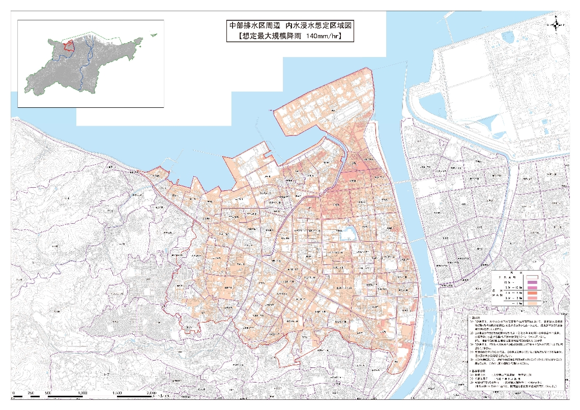 大分市が公表した内水浸水想定区域図（中部）