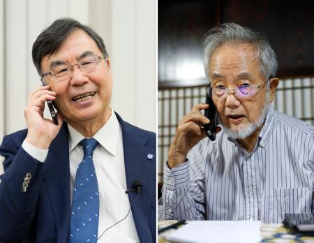 ノーベル生理学・医学賞の受賞が決まり、東京科学大の大隅良典栄誉教授（右）と電話対談する大阪大の坂口志文特任教授＝６日夜