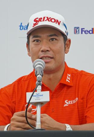 新規大会を前に記者会見する松山英樹＝横浜ＣＣ