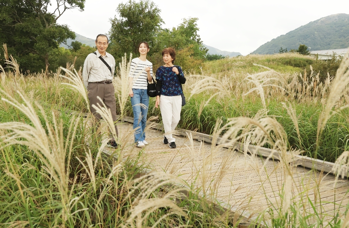 木道を散策して秋の風景を楽しむ観光客
