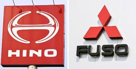 日野自動車（左）と三菱ふそうトラック・バスのロゴマーク