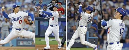 米大リーグ、ナショナル・リーグ優勝決定シリーズのブルワーズ戦で（左から）先発し勝利投手となったドジャース・大谷翔平、１回に先頭打者、４回に２本目、７回に３本目の本塁打を放った＝１７日、ロサンゼルス（共同）