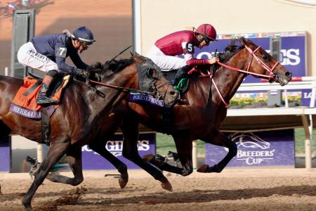 ＢＣクラシックで優勝した坂井瑠星騎乗のフォーエバーヤング（右）＝デルマー競馬場（共同）