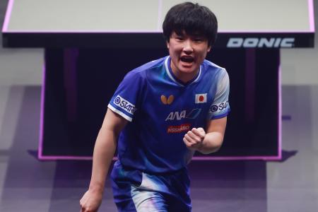 デンマーク選手を破った張本智和＝４日、フランクフルト（ゲッティ＝共同）